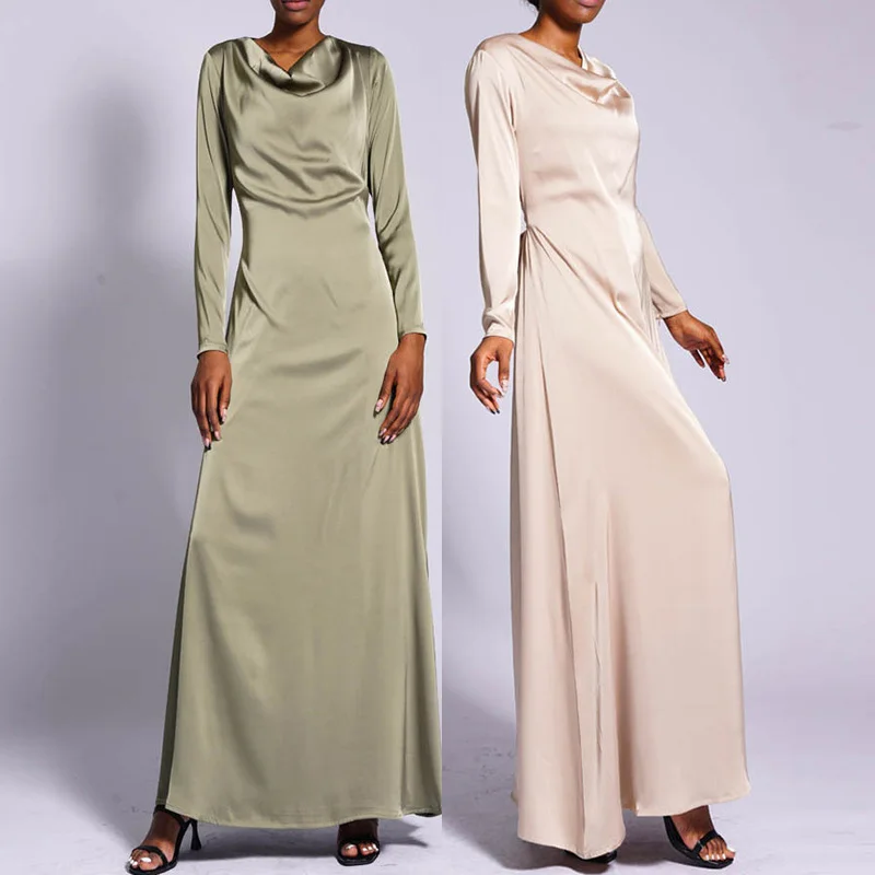 Modest Ethnic Islamic Clothing Ramadan Robe Zipper Sleeve Maxi Dress Tie Back Satin Slip Inner Abaya