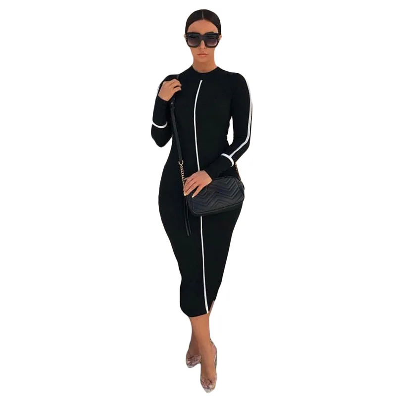 

2021 Ins Black Long Sleeve Dress Casual Fashion O Neck Knitted Elegant Maxi Dress Casual Bodycon For Women