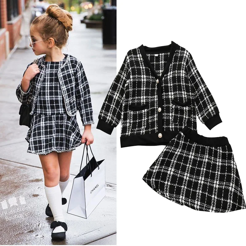 

Fall Winter Children Clothes Kids Tweed Plaid Blazer Jacket Skirts Clothing Set Kids Girls Party Outfits, Photo showed and customized color