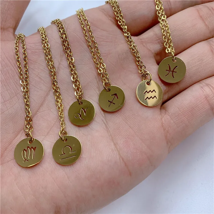 

SP 12 Zodiac Pendant Necklace 14K Stainless Steel Gold Zodiac Sign Necklace