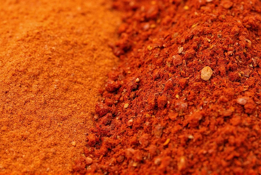 Close-up of ground cayenne powder versus red pepper flakes showing texture differences