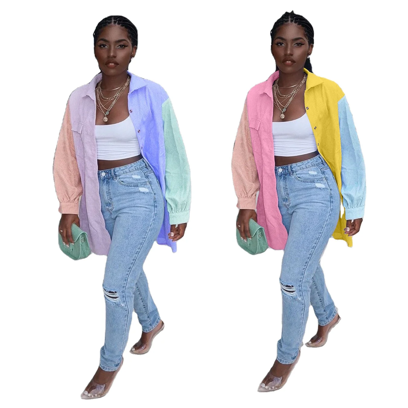 

Fashion women's shirt casual multi-color cardigan button long shirt top blouses