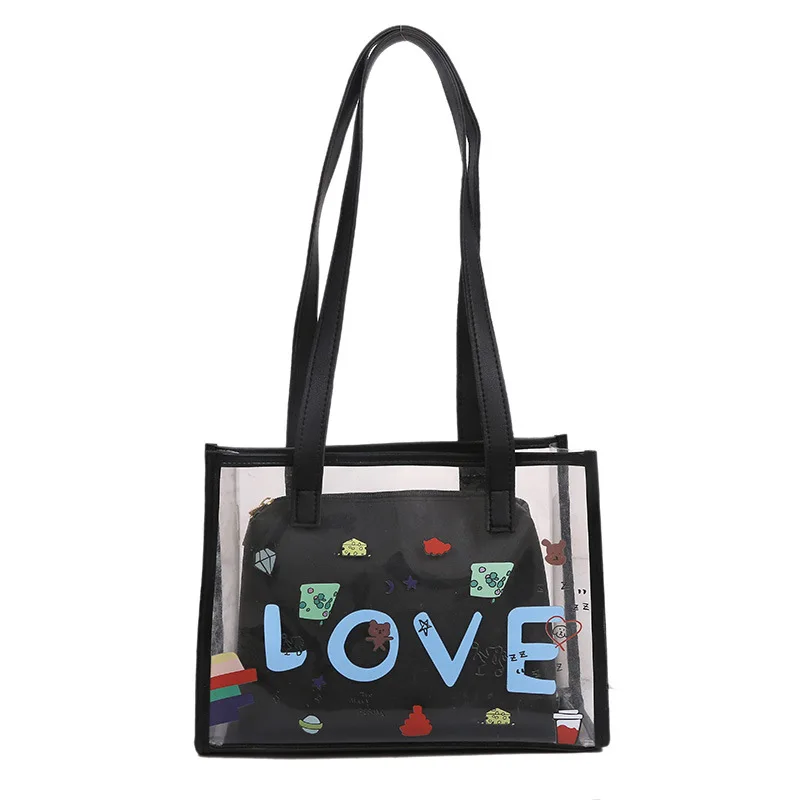 

Summer LOVE Cute Print Ladies Custom 2Pcs/set Plastic Clear Shoulder Tote Bag Jelly Women Beach Clear Pvc Handbag With Pu Purse, White, black, purple