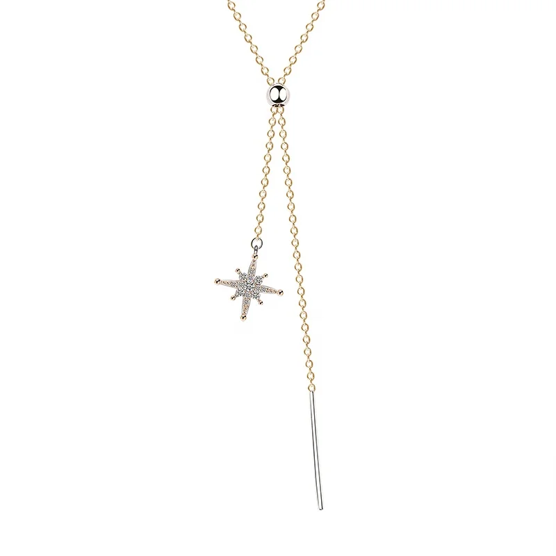 Fashion Zircon Starburst Necklace 925 Sterling Silver Adjustable Long Chain Sweater Necklace Women
