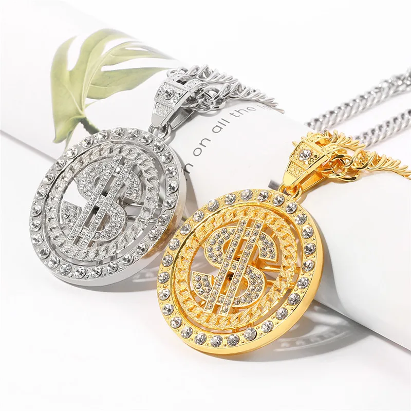 

HongTong Hip Hop Fashion Necklaces 18k Gold Silver Coin Chain Diamond Rollover Pendant Dollar Necklace, As picture