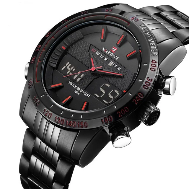 

Naviforce 9024 watches men wrist digital quartz sport watch multifunction black steel strap wristwatches Relogio Masculino