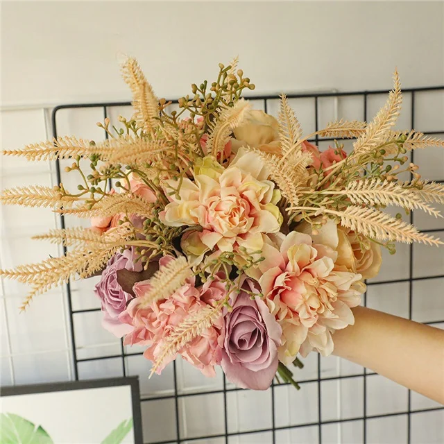 

Wholesale Home Decoration Rose Lily Dried Bouquet Artificial Flower Wedding Artificial Flower, As show