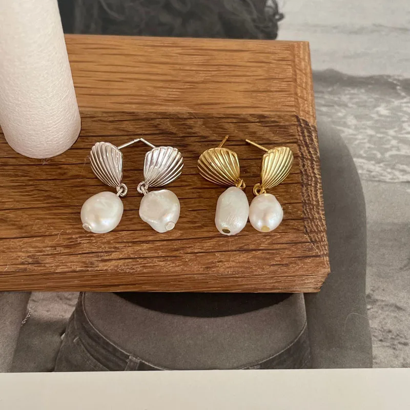 Vintage Irregular Shell Shaped Freshwater Pearl Stud Earrings Wholesale 925 Sterling Silver Jewelry Gifts