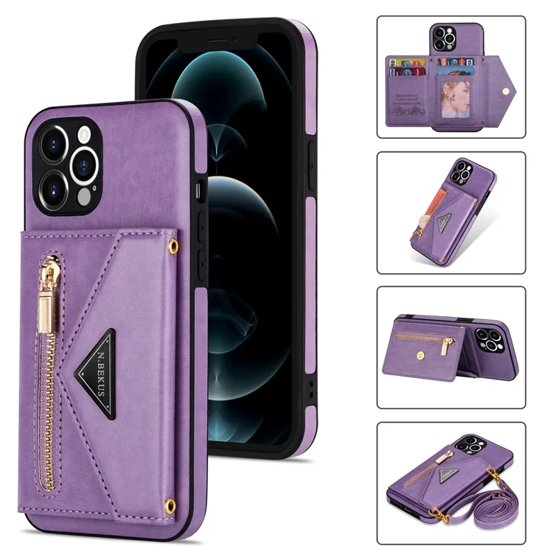 

Anti Falling Strap Card Holder Wallet Mobile Cover PU Leather Phone Case For Iphone 12 Pro Max, 5 colors, can be customized