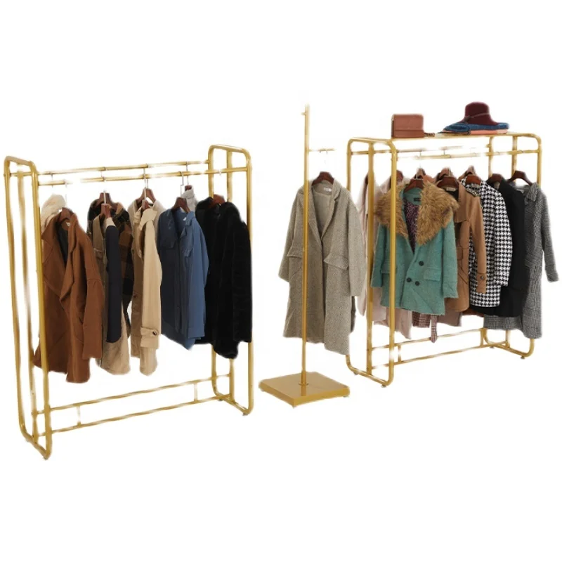 

Factory Directly Commercial Iron Clothing Rack Metal Garment Storage Shelf Gold Freestanding Clothes Display Rack On Store