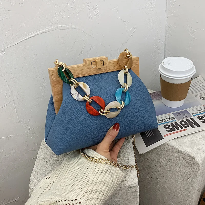 

High Quality Crossbody Handbag Wooden Gold Clip French Personality Color Disc Acrylic Chain Women's Shoulder Bag, 5 colors