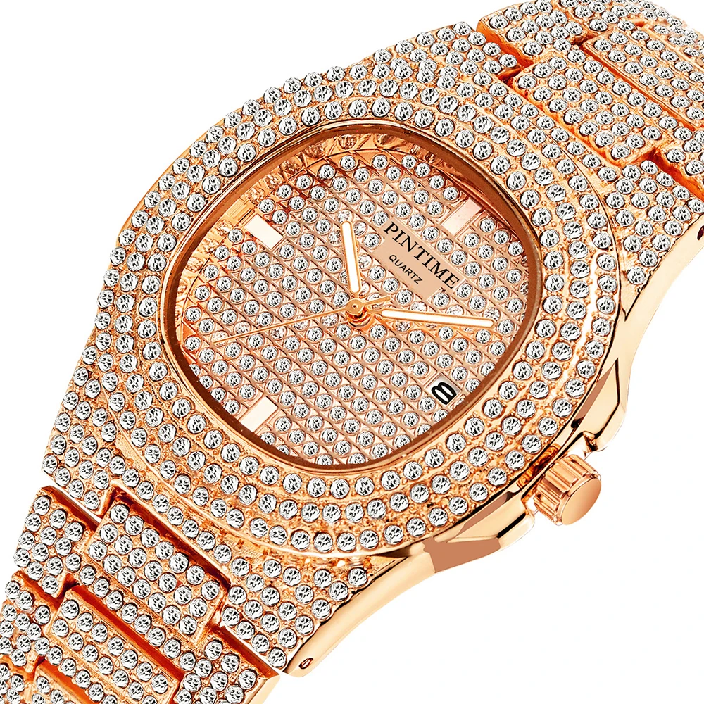 

ICE-Out Bling Diamond Watch For Men Women Hip Hop Men Quartz Watch Luxury Stainless Steel Business Wristwatch relogio masculino, Rose gold/gold/silver