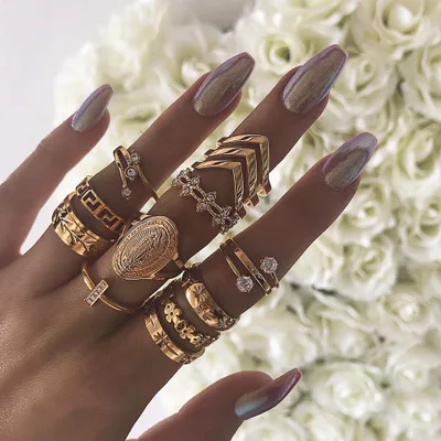 

New Fashion Stackable Gold Plated Carved Virgin Mary Knuckle Ring Set Floral Flower Ring Set