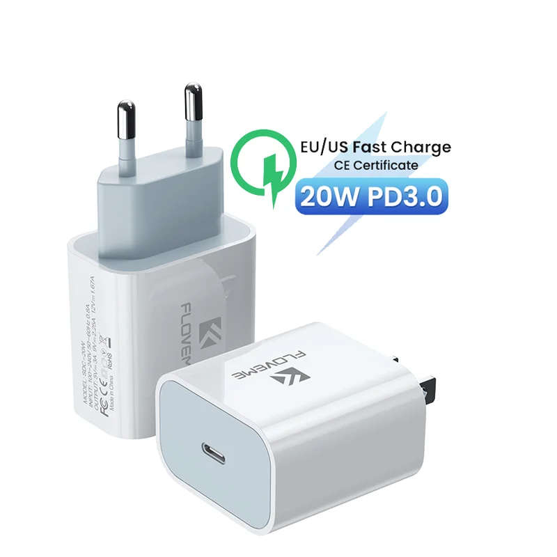 

DHL Free Shipping 1 Sample OK CE 20W PD Charger FLOVEME EU US Plug Fast Mobile Wall Charger Travel Adapter For iPhone Custom