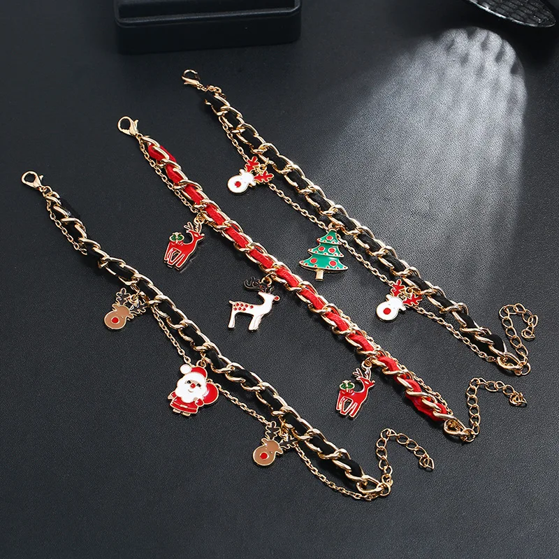 

European Style Gold Elk Santa Claus Pendant Bracelet Gold Color Multilayer Link Chain Christmas Tree Elk Bracelet For Christmas