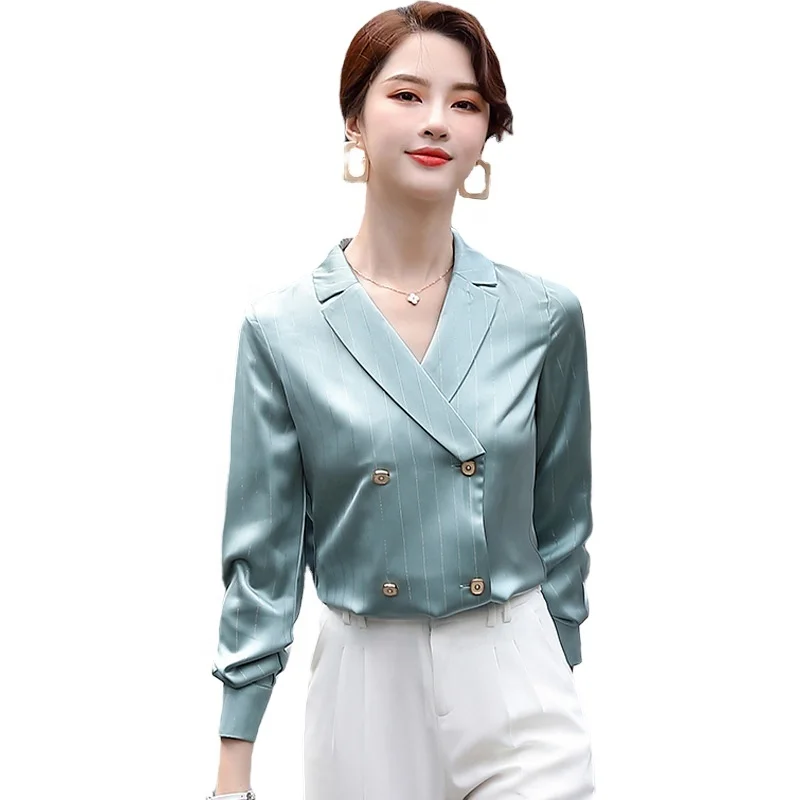

Women's Shirts autumn standing collar long sleeve professional Women's Blouses loose fashion silk face Vintage