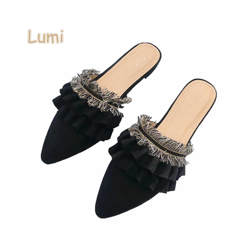 

Ladies fashion pointed toe flat mules slipper sandals shoes, As photo