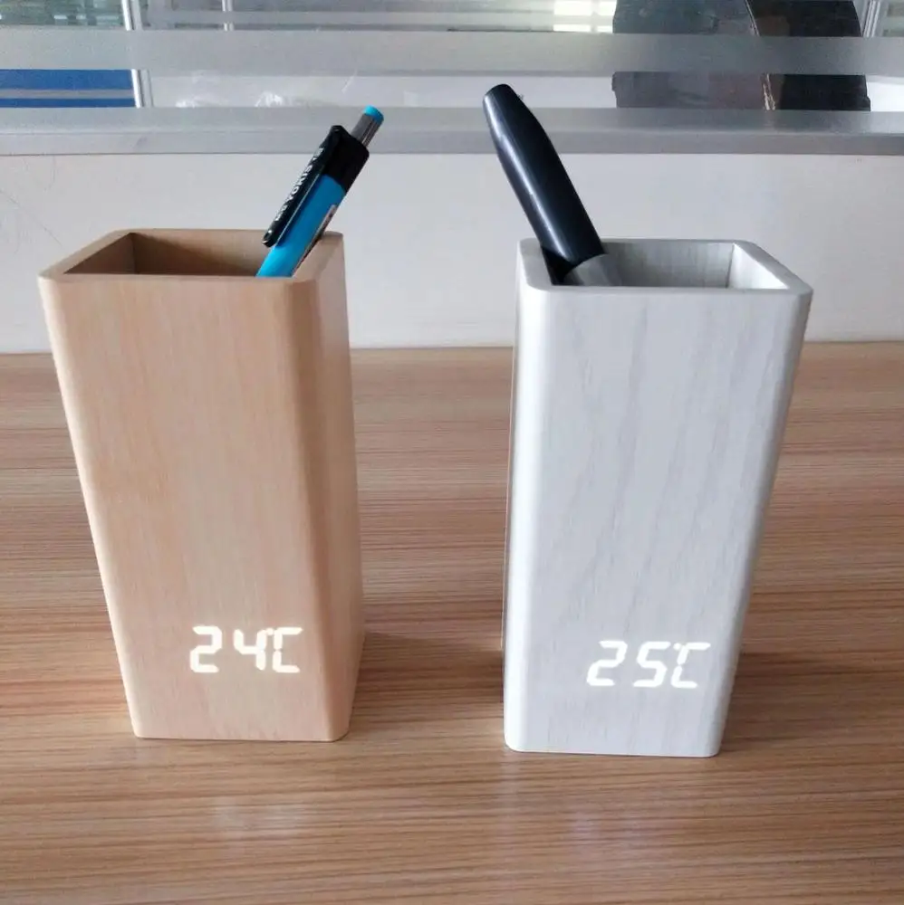 

new arrival wooden pen holder with led alarm clock, led table clock with pen stand wooden desk clock with pen holder