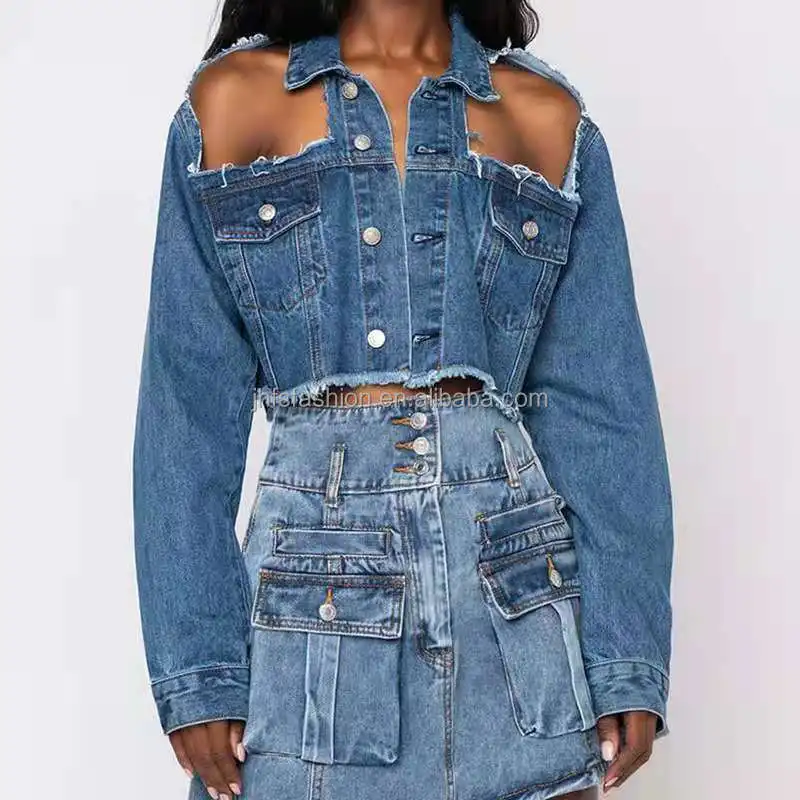 

Fashion 2021 New Arrivals Denim Ripped Jacket Women Shoulder Cut Out With Pockets Collared Fringe Crop Jacket Casual Wear, 1 colors