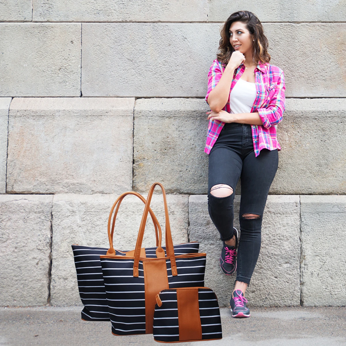 

Black leopard shoulder handbag beige canvas tote bag DOM-1001912