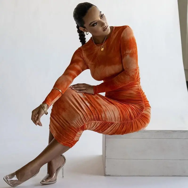 

X00613V 2020 autumn/winter round neck long sleeve print slim fashion medium long dress, Orange
