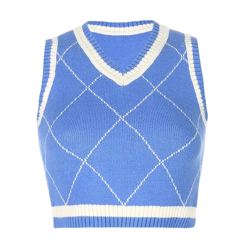 

Factory Direct Sale Slim-fit Plaid Vest Top Blue Sleeveless Knit Vest College Style Vest, As picture show