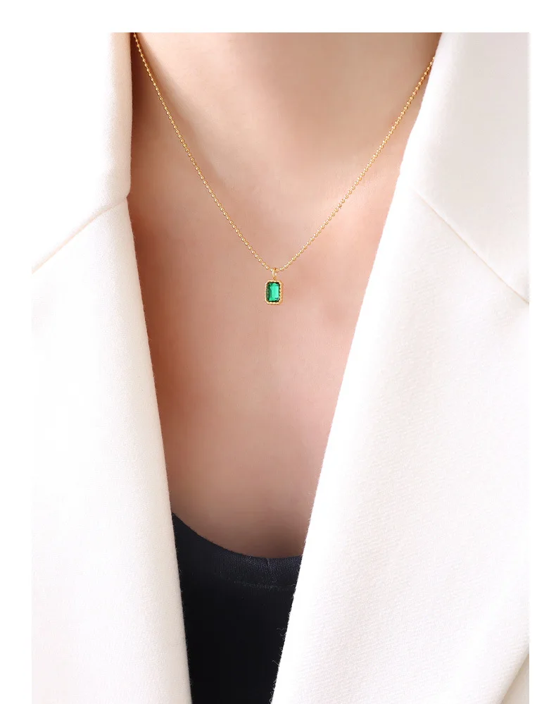 

New Dainty Design Square Necklaces Non Tarnish Stainless Steel 18k Gold Plated Emerald Zircon Pendant Necklaces For Women, Gold,rose gold,black and silver