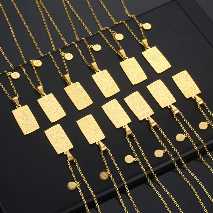 No Tarnish Stainless Steel Women square Shape 12 Zodiac Sign Necklace for Women