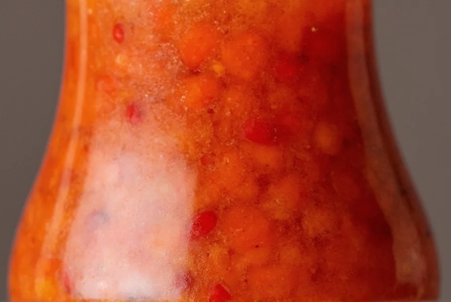Close-up photograph of Mae Ploy Sweet Chili Sauce bottle with visible red chili bits in the translucent sauce