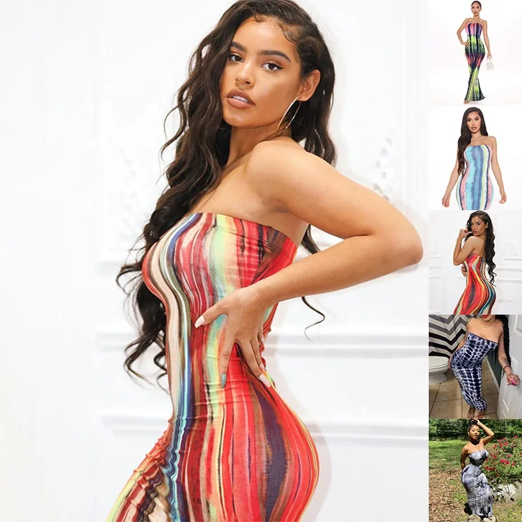 

2021 New Arrivals Spring Women Clothing Casual Dresses Elegant Off Shoulder Colorful Printed Stripe Bodycon Maxi Dress, Customized color