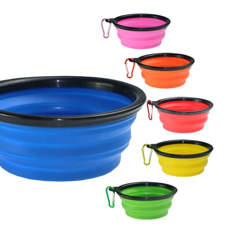 

Secure outdoor collapsible soft silicone food water feeder hanging carabiner portable water bowl for pets foldable pet bowl, Red yellow blue black pink green orange white purple l/blue l/green