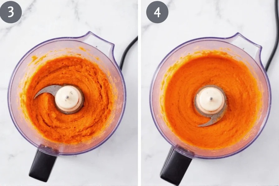 Step-by-step photos showing the blending process of red pepper hummus in a food processor