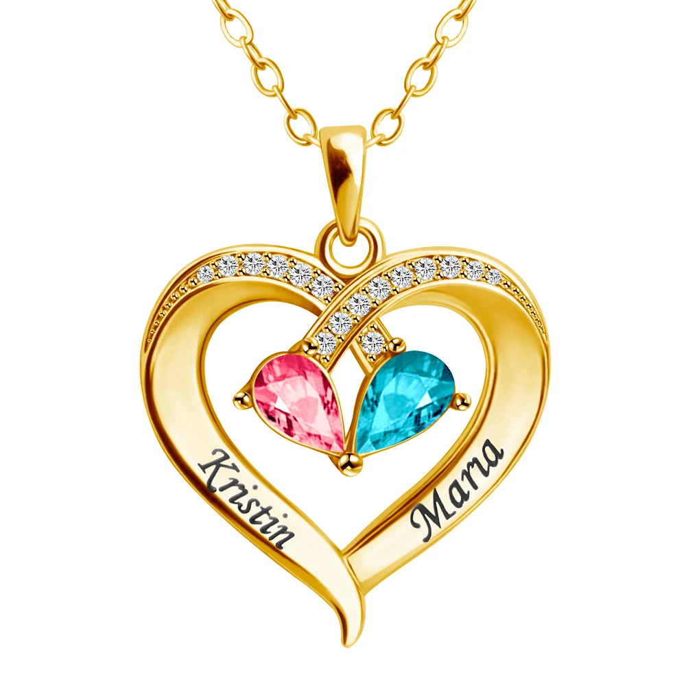 

Customized Engraved Name Heart Pendant Necklace With Birthstones