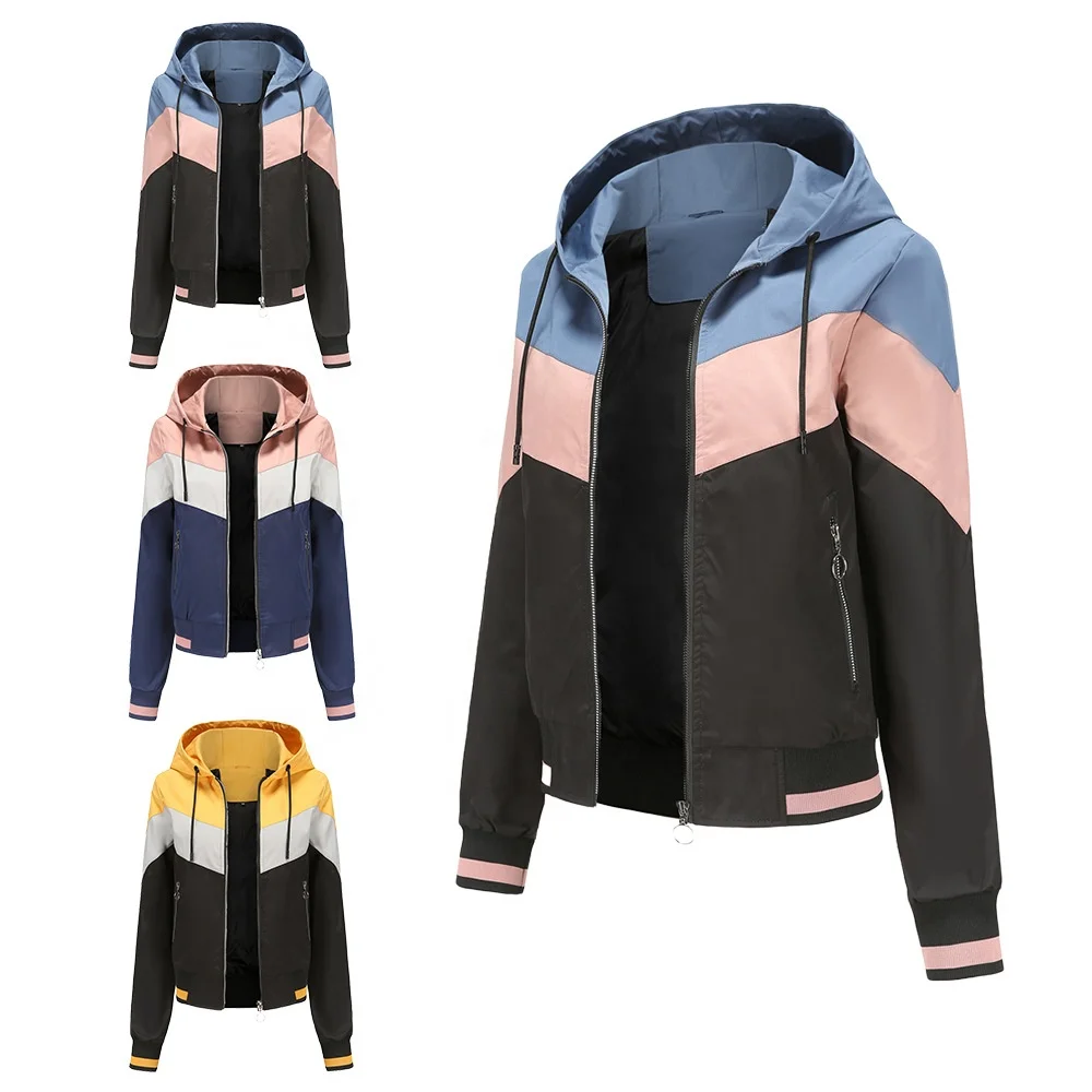 

Ladies Thin Windbreaker Women Spring And Autumn Hooded Jacket Women Outdoor Raincoat Color Matching Drawstring Jacket