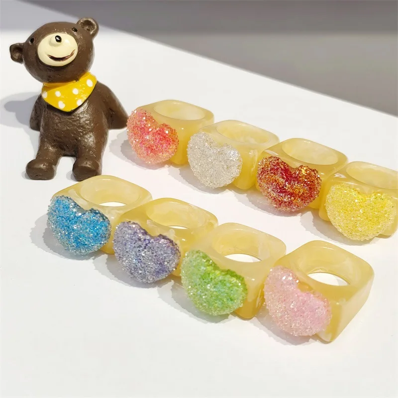 

JUHU 2021 INS Fashion Acrylic ring for women Simple pop art colorful Resin Ring Jewelry Wholesale resin heart ring resin