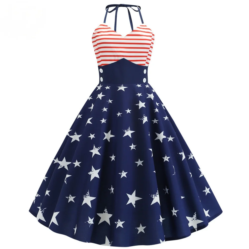 

DS-357 Halter Print Party Dress Sleeveless Robe Vintage Pin Up Swing 50s 60s Retro Rockabilly Independence Day Dresses