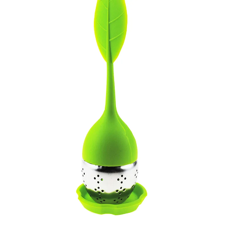 

Wholesale food grade loose leaf tea infuser 304 stainless steel silicone leaf shape metal tea strainer with silicone handle, Green