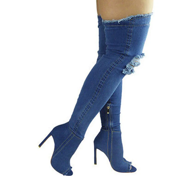 

Amazon hot sale Open Toe stretch Denim women over knee stiletto super high heel zip boots sexy girl
