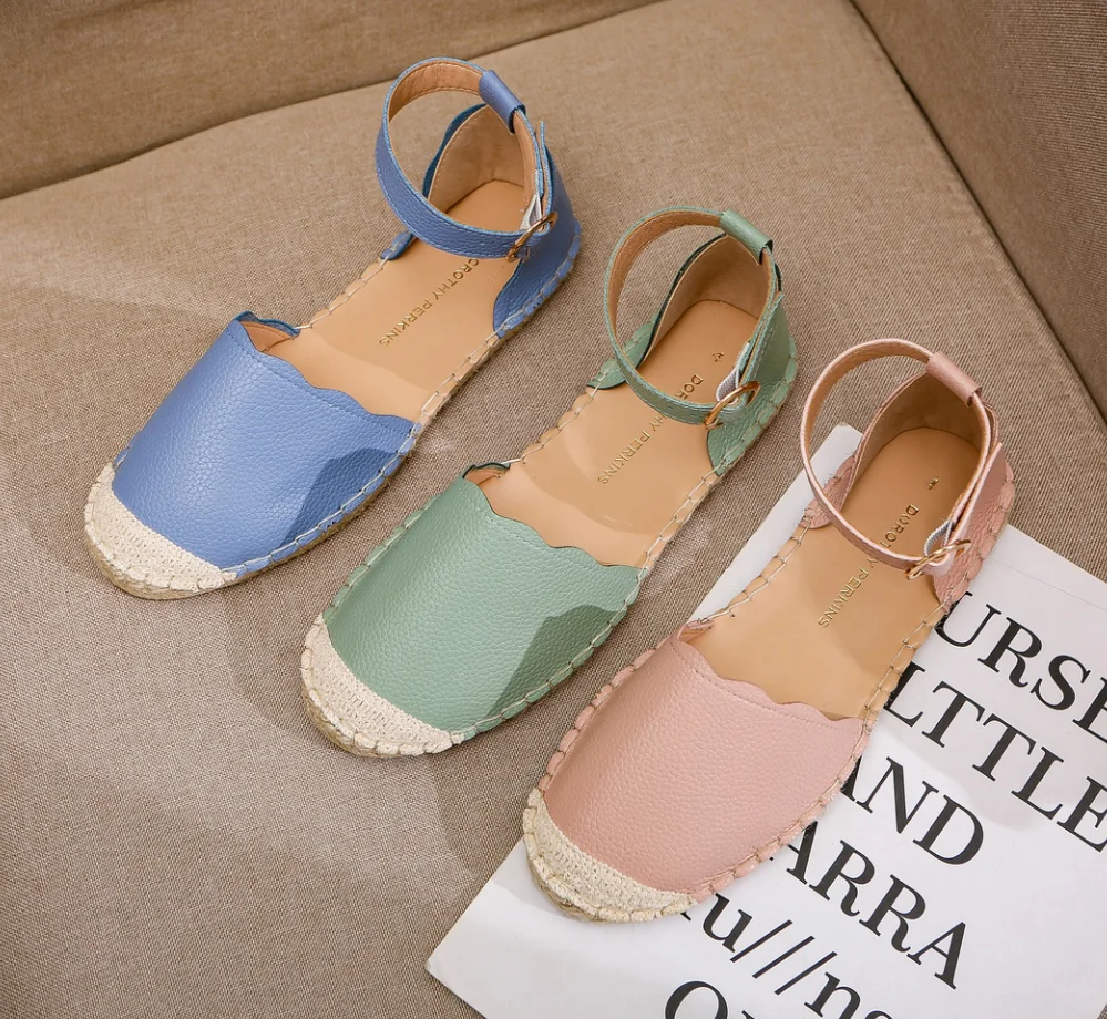 

Soft jute espadrilles women shoes with buckle strap sandals, Green blue blush