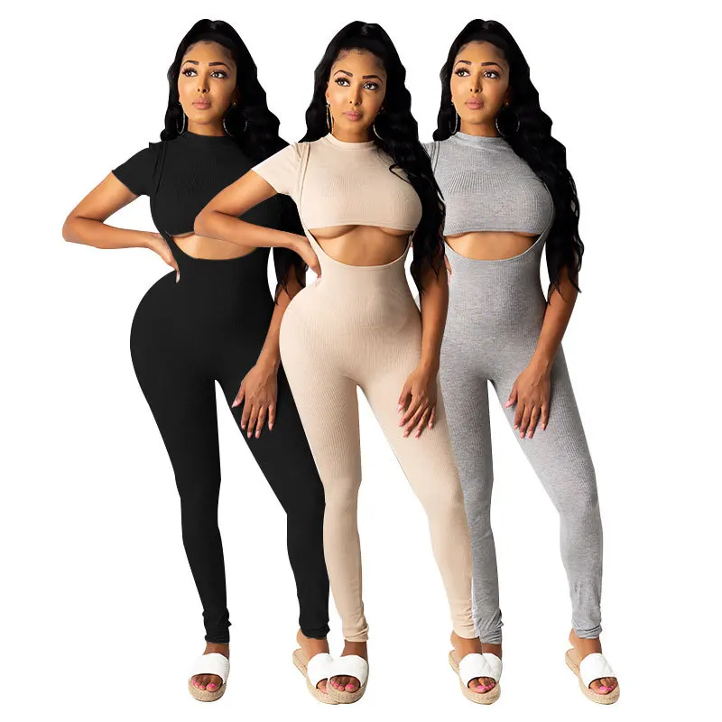 

New Summer clothing yoga suit women's short-sleeved T-shirt stitching suspender jumpsuit two-piece suit