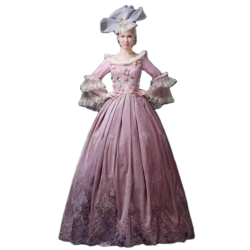 

Elegant Pink Floral Renaissance Victorian Party Dress Long Medieval Marie Antoinette Princess Rococo Costume For Women With Hat
