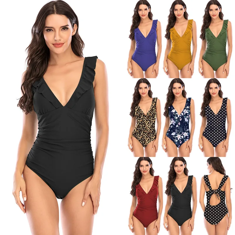 

Seamless Fabric Swimwear Beach Bikini Sexy Deep V Solid Color Flashing Multicolor Women One-piece Swimsuit