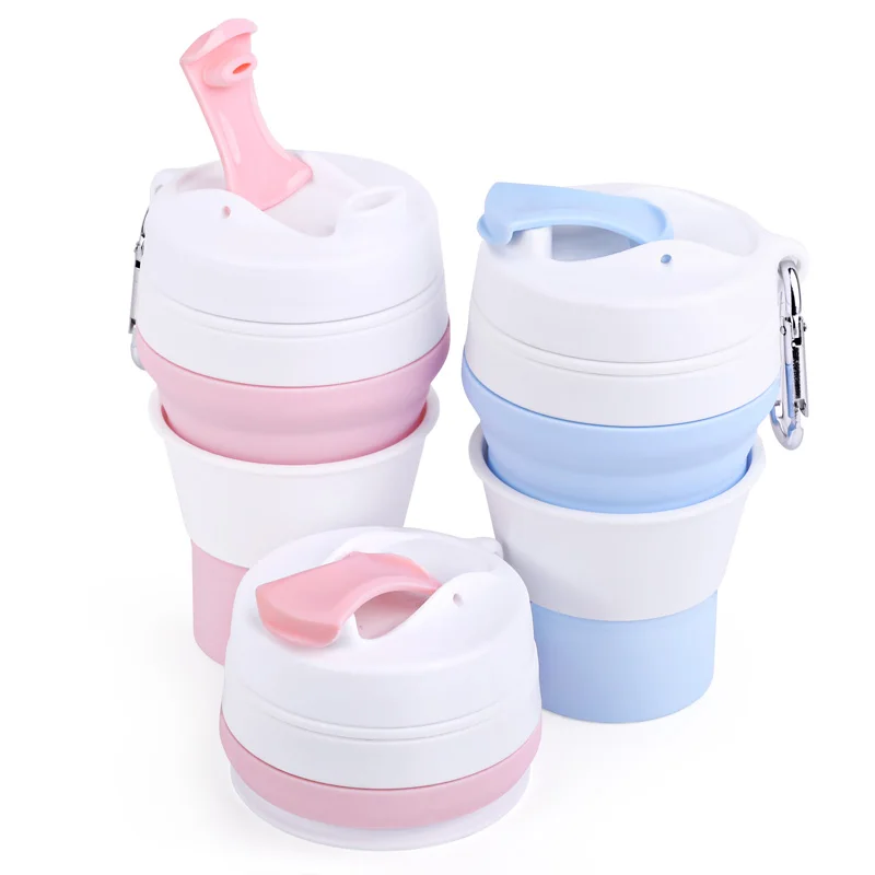 

Custom Leakproof Silicone Foldable Coffee Mug Travel Cup With Lid, Quartz pink, pastel blue, gray