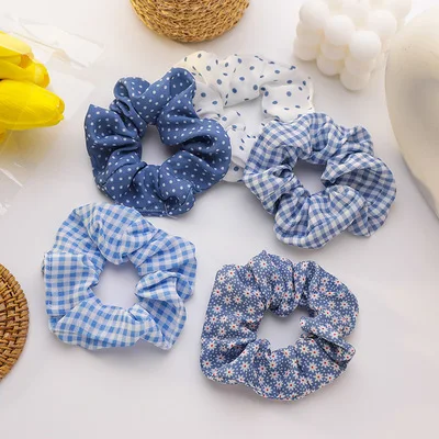 

French Fresh Style Elastic Wave Point Print Fabric Hairband Ties Blue Grid Pattern Hair Scrunchies for Girls