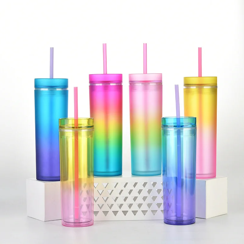 

A3687 Plastic 16oz Colorful Cups Discoloration Mug Lid Water Tumbler Cup Double Wall Gradient Color Bottles with Straw, Multi colour