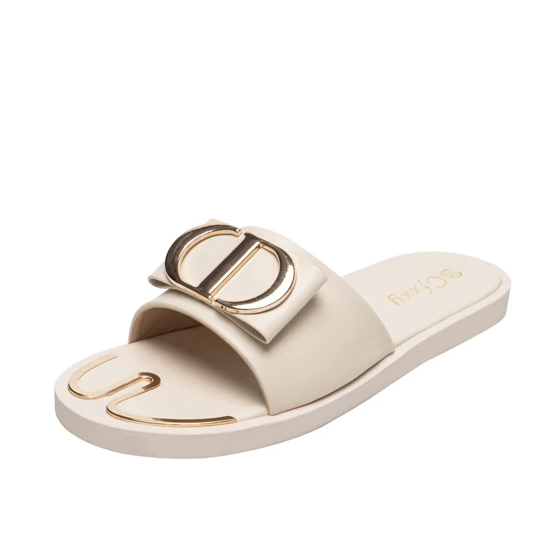 

Fashionable Open-toe slippers women's metal buckle flat bottom slippers women's outdoor lazy Mulle