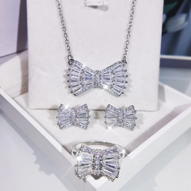 

Fashion Jewelry KISS010 Minimalist daily Shine butterfly Shape 3A Zircon Jewelry Set For Women, Silver