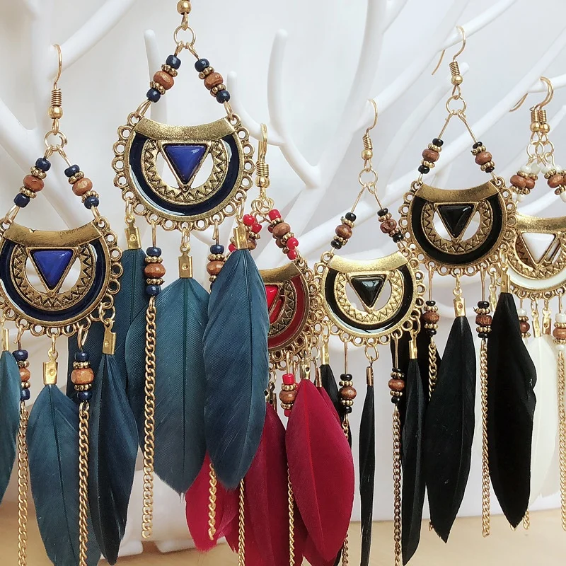 

New Arrival Colorful Handmade Gold Plated Drop Dangle Tassel Exaggerated Earring Bohemia Pendant Fan Feather Earrings For women, Silver