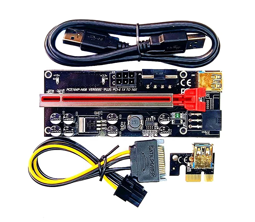 

009s PCI-E 6Pin+4Pin+6Pin Riser Card 009S Plus PCI Express 1x 16x Adapter With 8x FP solid capacitors, Black