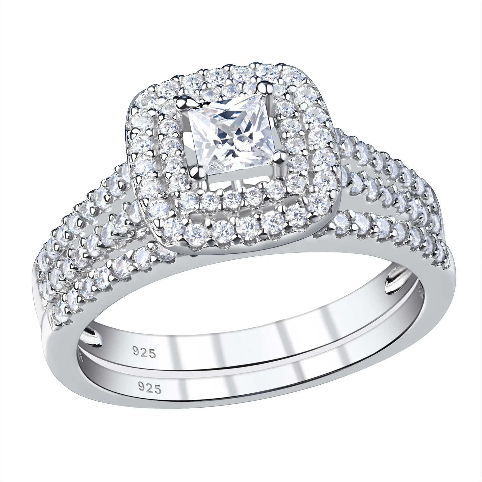 

Hot Sale Solid 925 Silver Wedding Rings For Women Double Halo Perfect Cut Zircon Eternity Engagement Ring Set